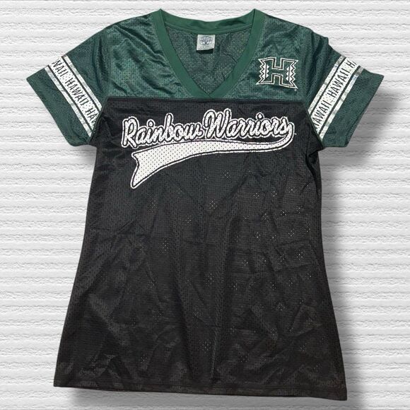 Hawaii Rainbow Warriors Women’s Small Green Black Mesh Jersey Shirt V Neck - Picture 1 of 3